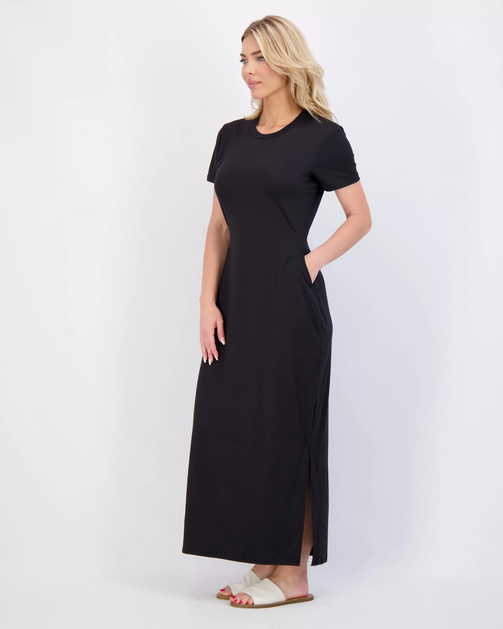 Women’s Casual Short Sleeve Maxi Dress with Slit & Pockets W8969