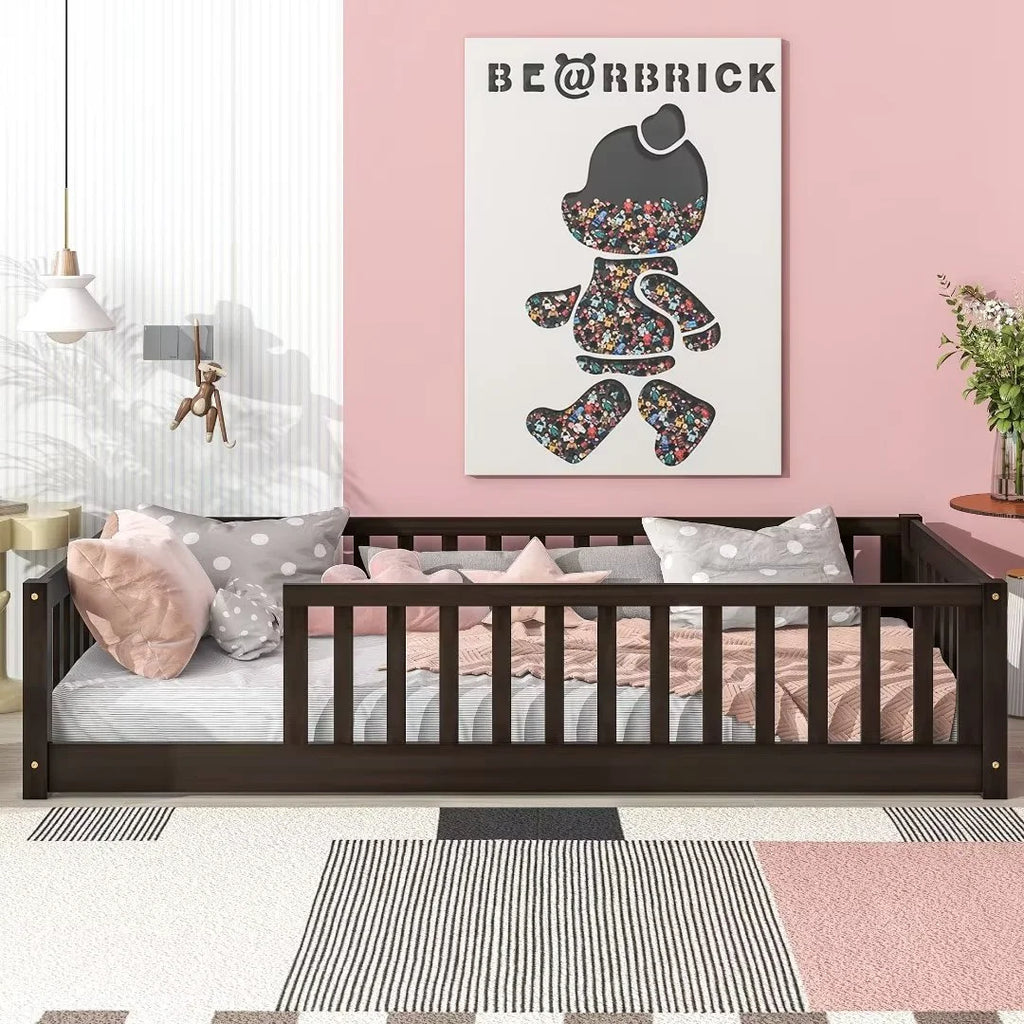 White Full Size Floor Bed with Fence Guardrails and Roof L95619