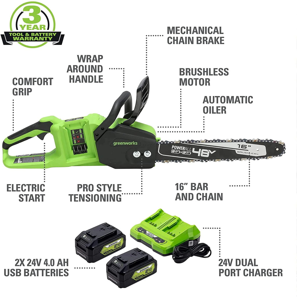 48V 16-inch Brushless Chainsaw with 4Ah Batteries and Dual Port Charger L176153