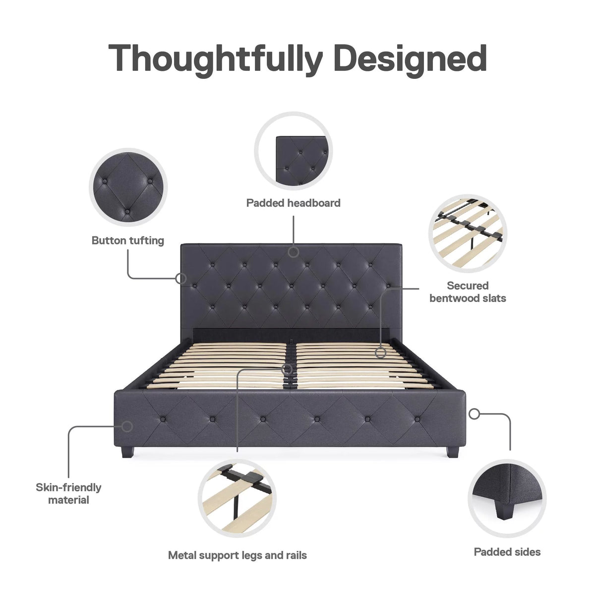 Queen Gray Faux Leather Upholstered Platform Bed E72821