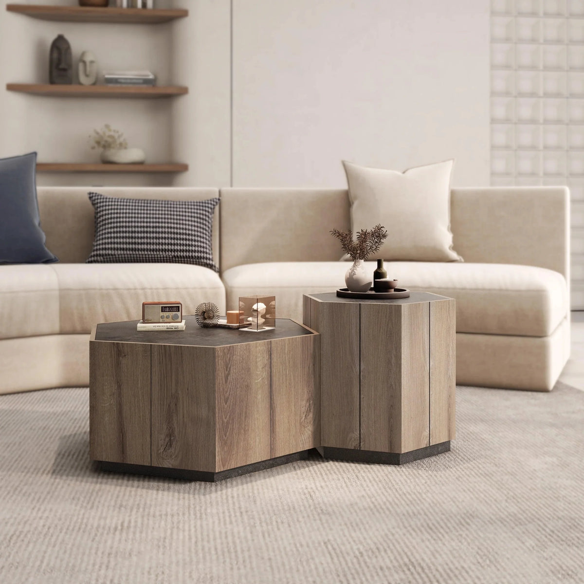 Hexagonal Coffee Table with 2 Drawers, Textured Black Warm Oak G8604