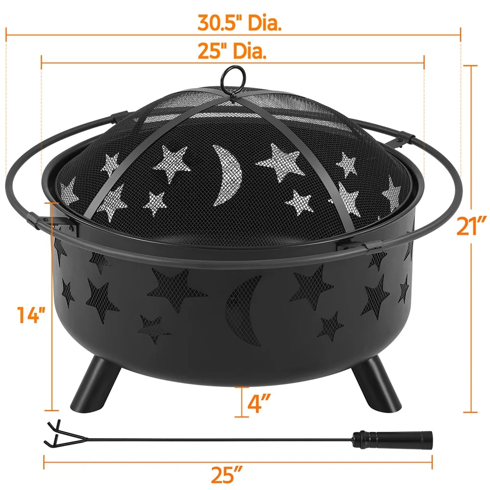 Black Iron Fire Pit with Poker Mesh Cover X9327