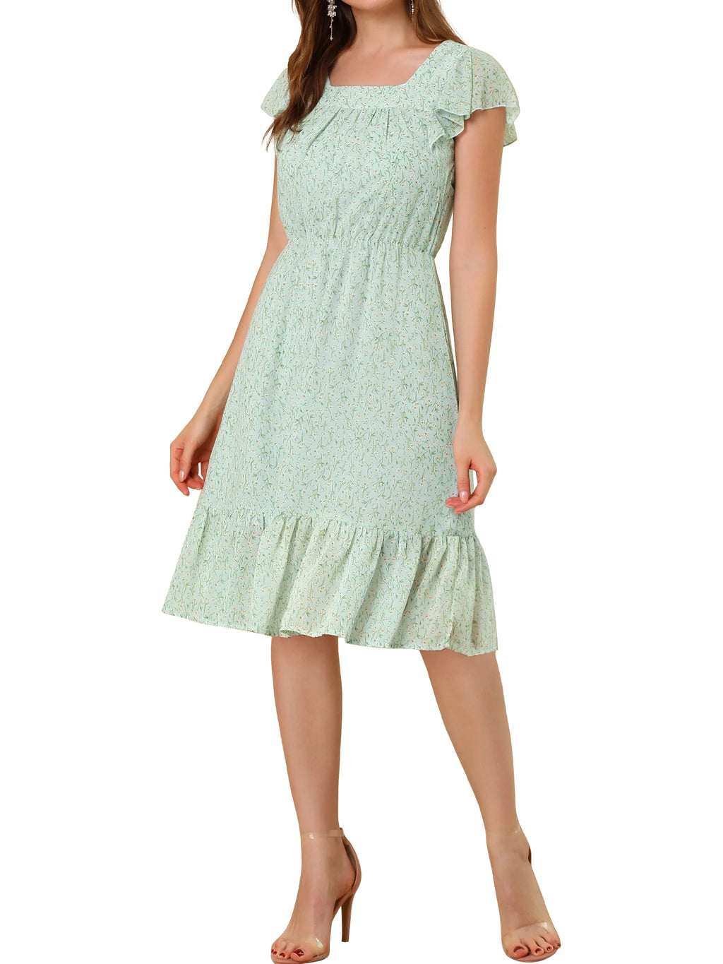 Floral Print Flutter Sleeves Square Neck Ruffled Hem Dress P622117