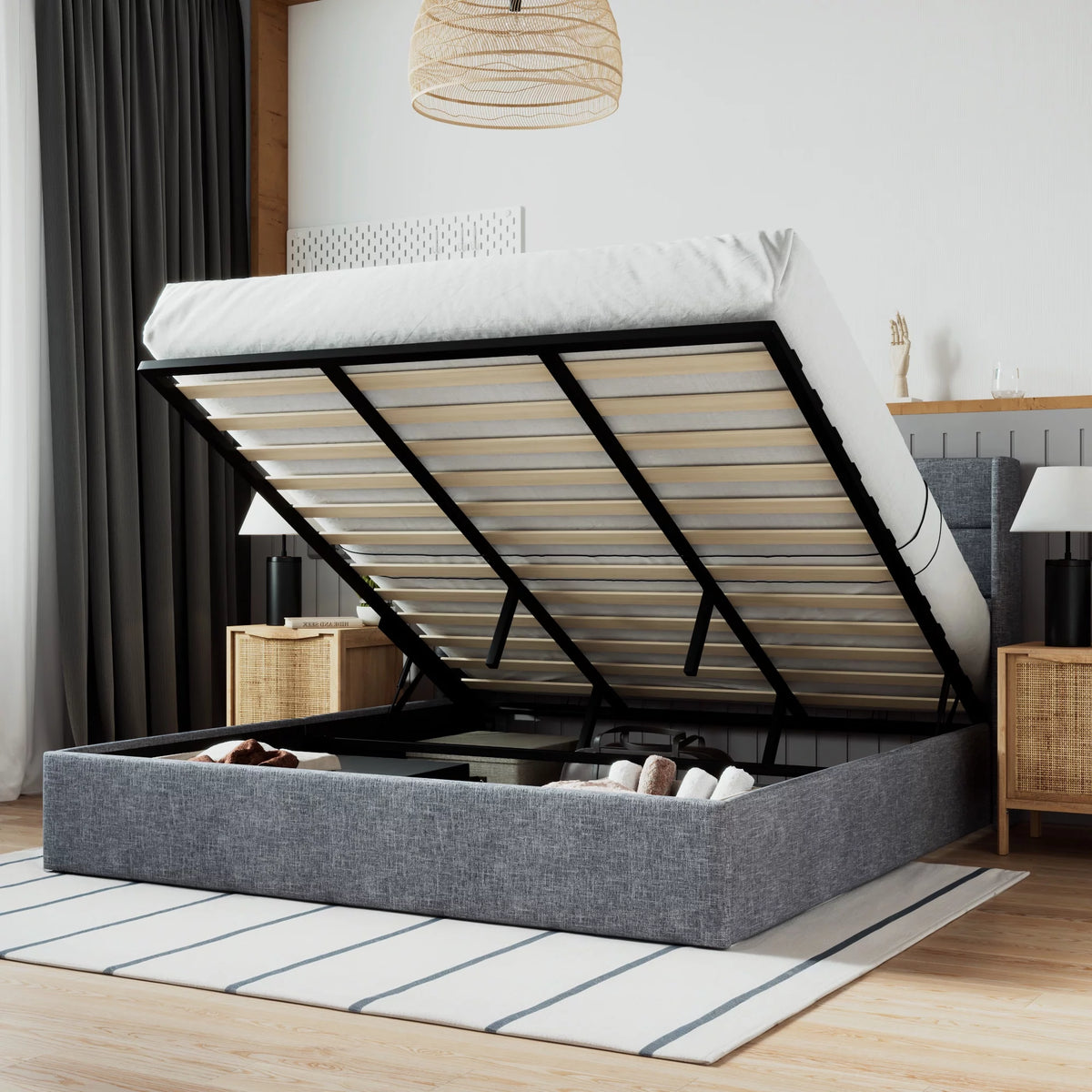 Beige Queen Size Lift Up Platform Bed Frame with Headboard N967