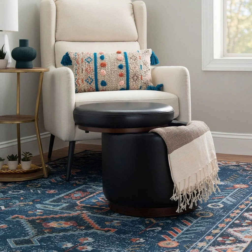 Faux Leather Round Storage Ottoman B530727