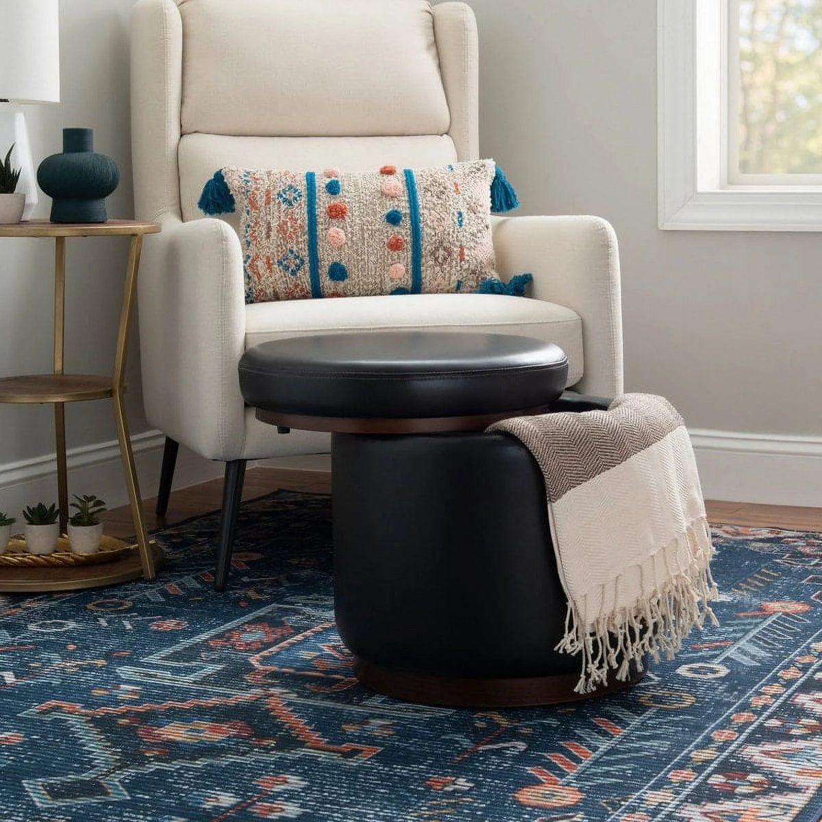 Faux Leather Round Storage Ottoman B530727