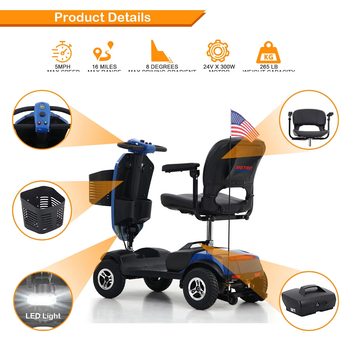 4 Wheels Foldable Mobility Scooter with LED Light and USB Port Red E870