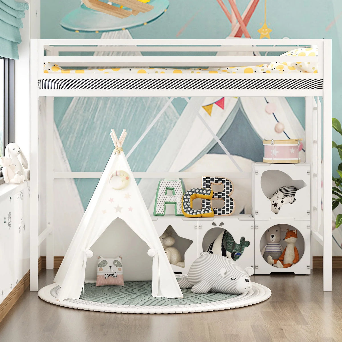Black Twin Size Metal Loft Bed with Stair & Safety Guard L38101