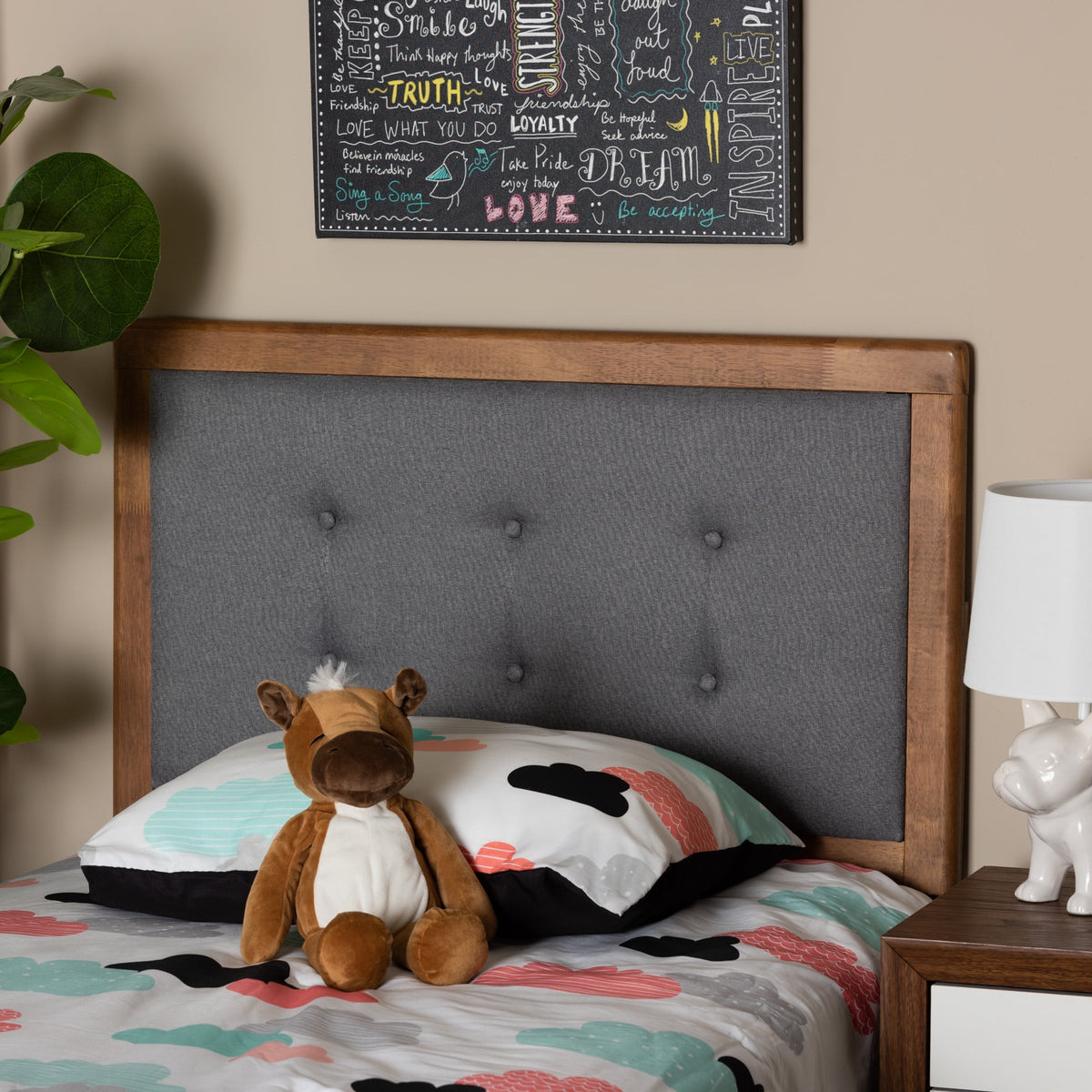 Dark Grey Walnut Tufted Upholstered Headboard D85631