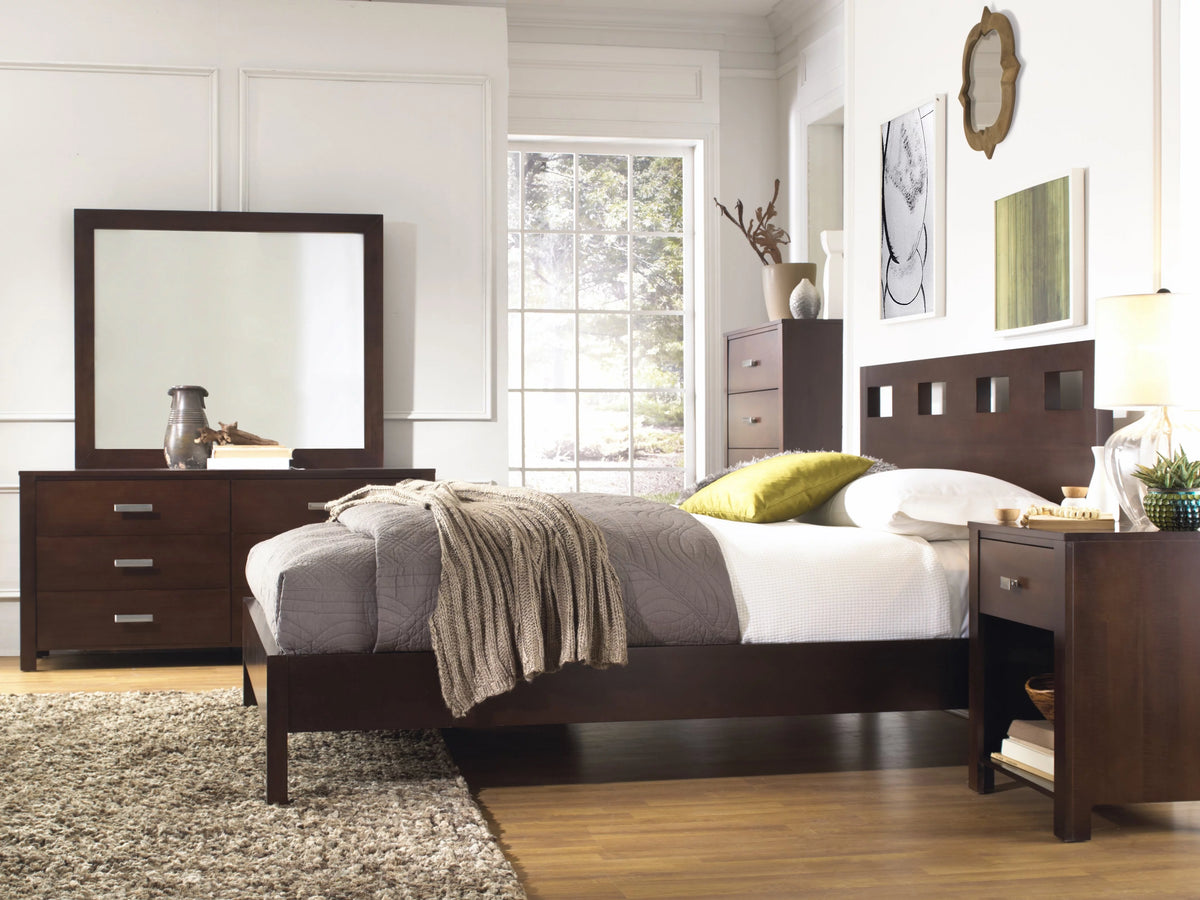 4PC Twin Platform Bed Nightstand Dresser & Mirror Set Mocha Brown Mahogany S511458