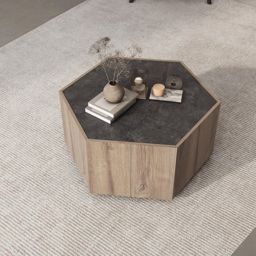 Hexagonal Coffee Table with 2 Drawers, Textured Black Warm Oak G8604