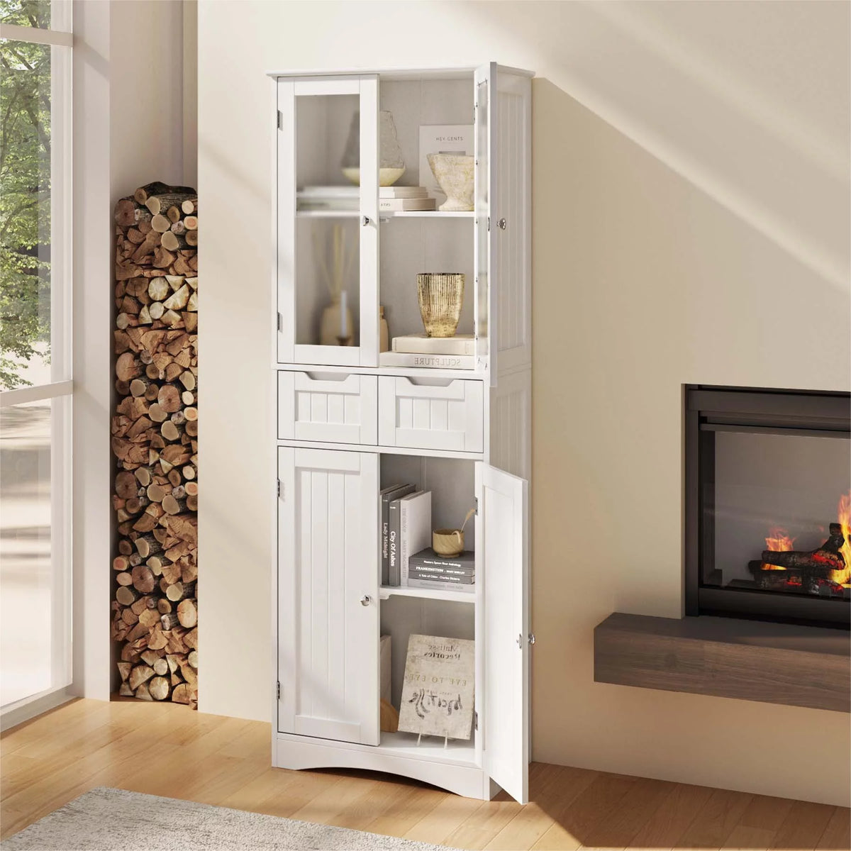 Tall White Kitchen Storage Cabinet with 2 Drawers A762193