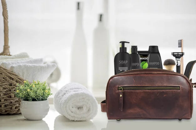 Genuine Leather 10" Toiletry Travel Pouch with Waterproof Lining K10953