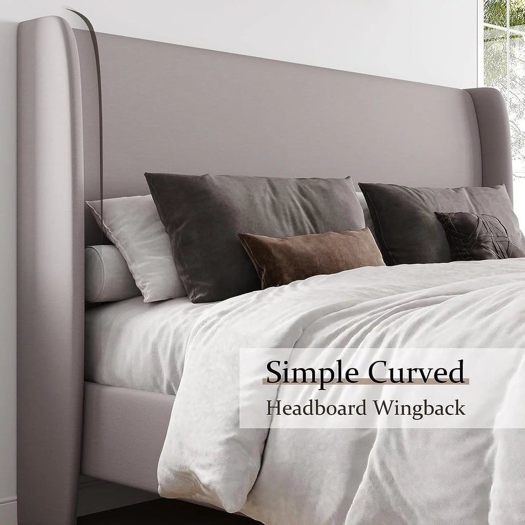 King Size White Linen Upholstered Platform Bed with Wingback Headboard Z402