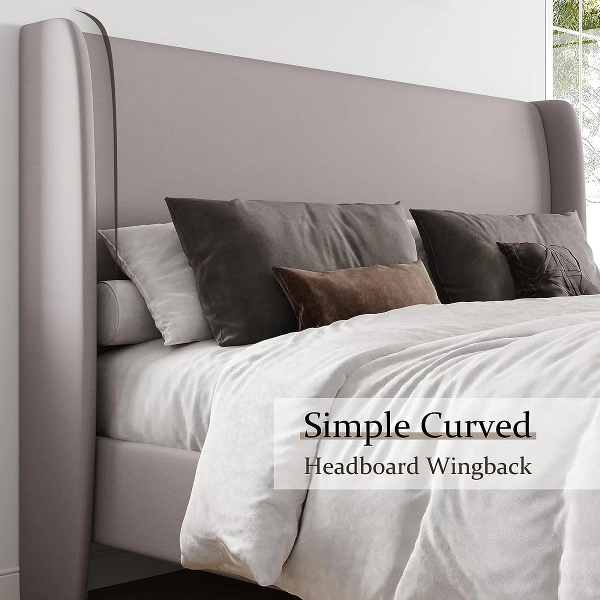 King Size White Linen Upholstered Platform Bed with Wingback Headboard Z402