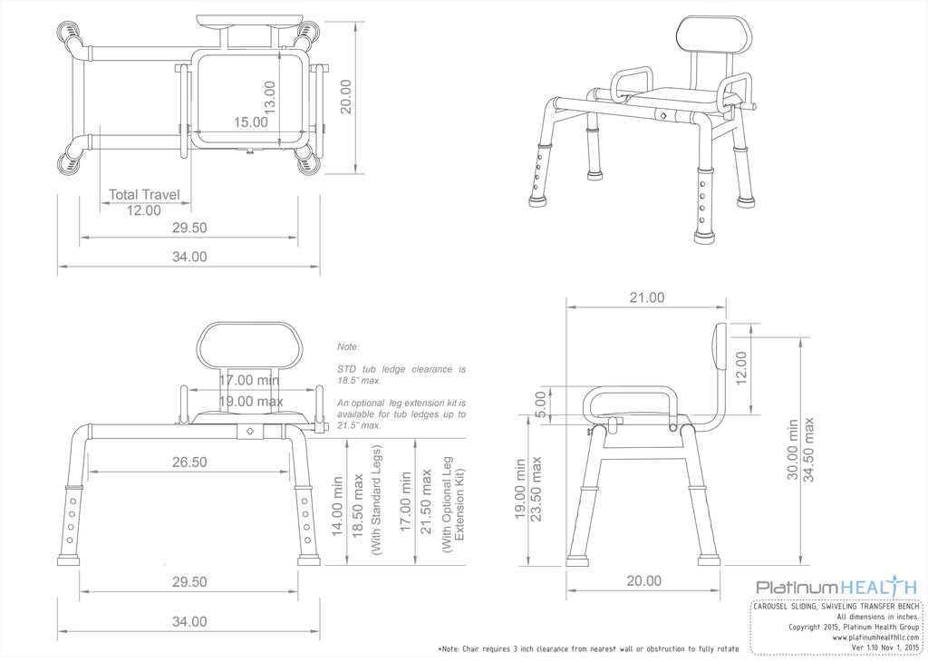 Sliding Transfer Bench with Swivel Seat Padded Bath Shower Chair I9713