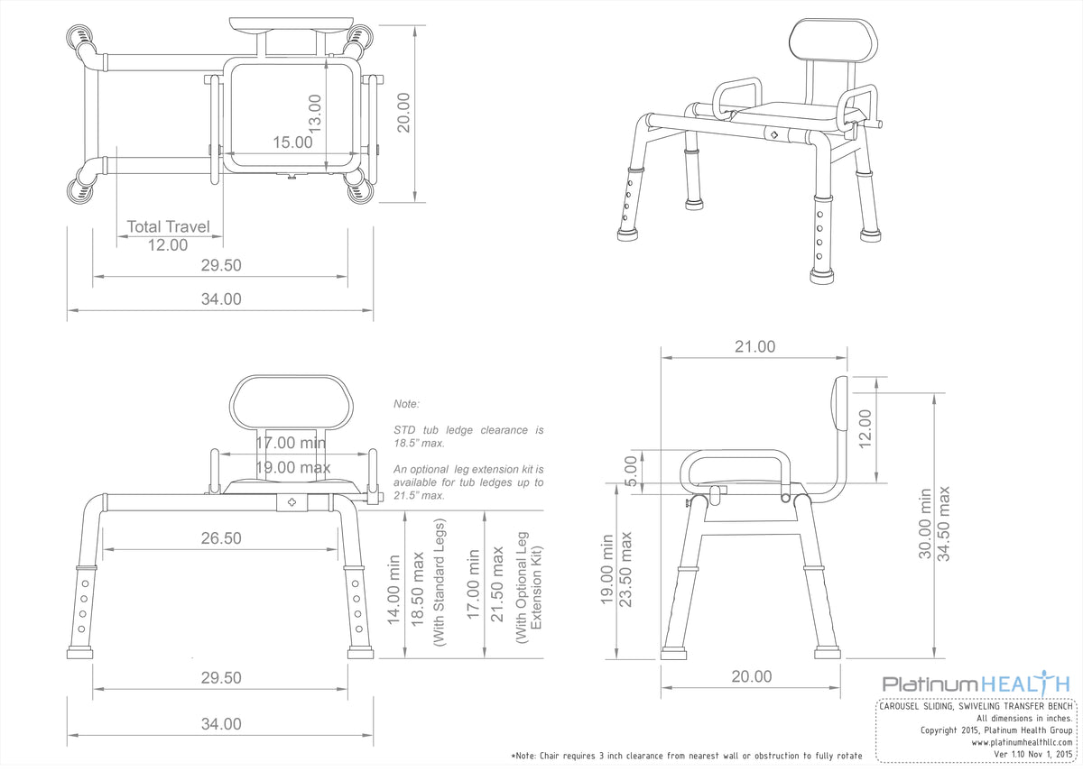 Sliding Transfer Bench with Swivel Seat Padded Bath Shower Chair I9713