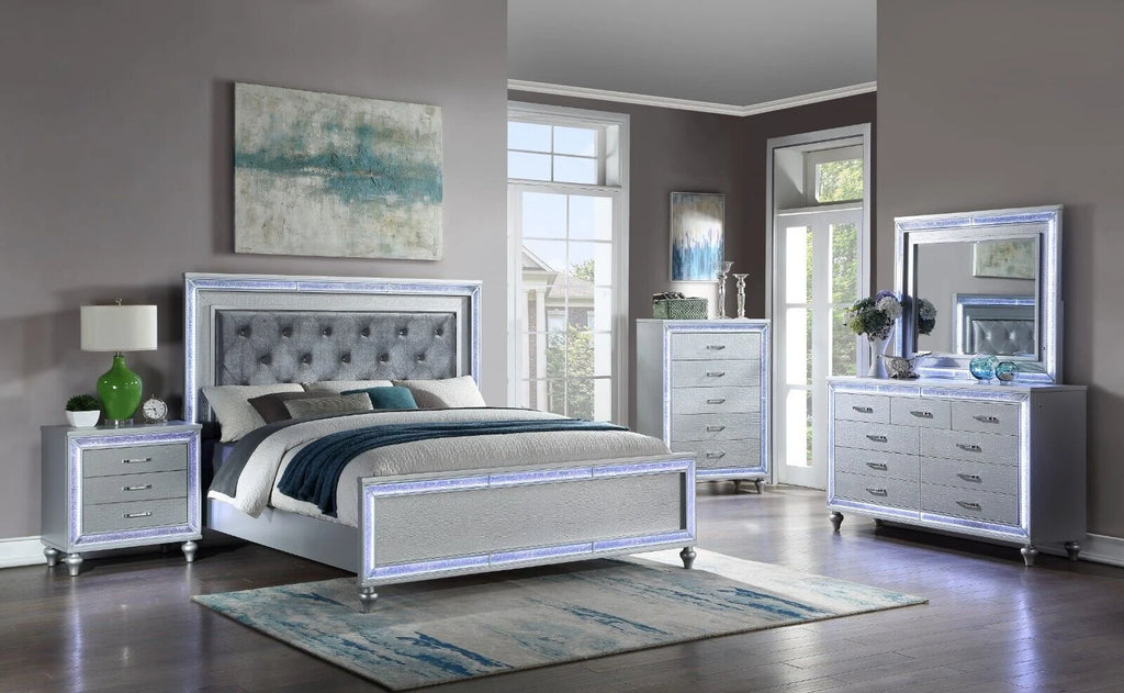 5pc King Size Upholstered Bed Dresser Mirror Nightstand Set D379763