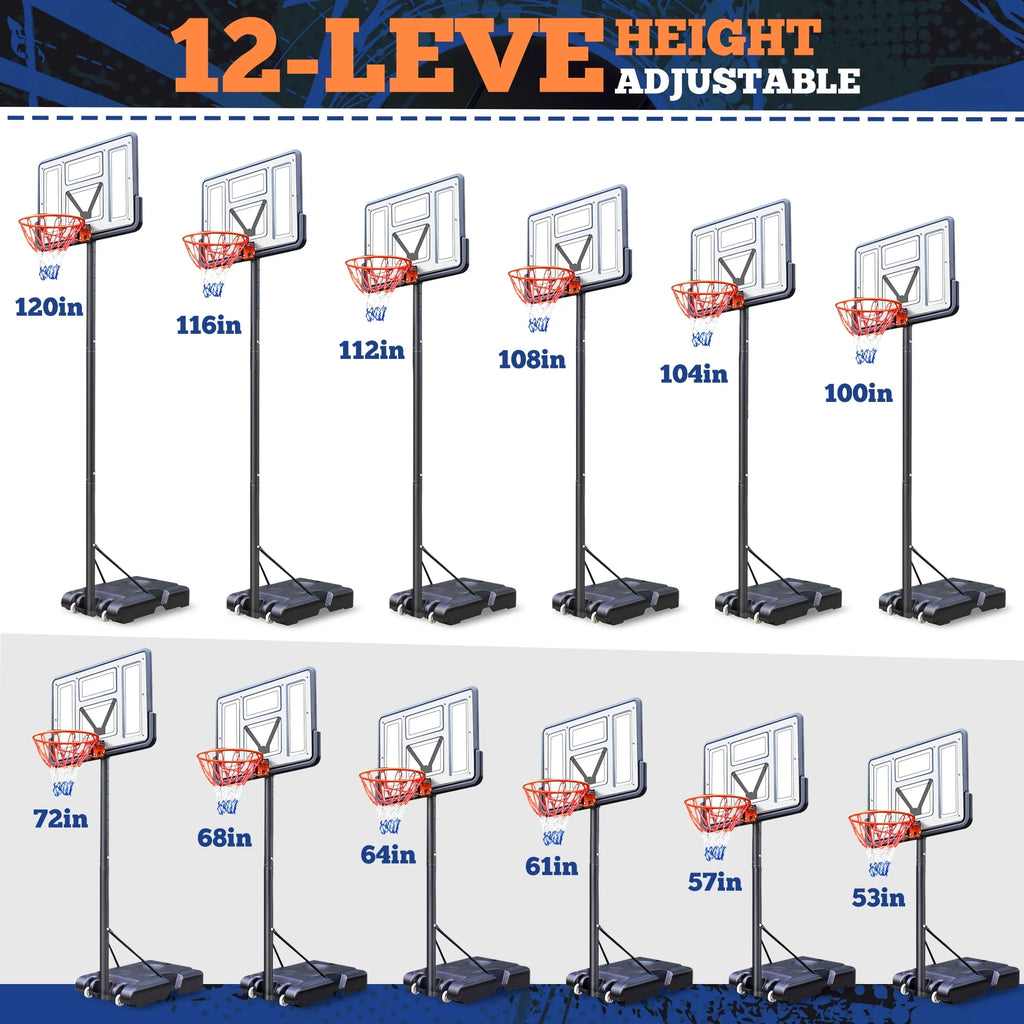 44 Basketball Hoop, 4.4-10ft Height Adjustable Portable Basketball Goal System with Shatterproof PVC Backboard and 18 Rim E835