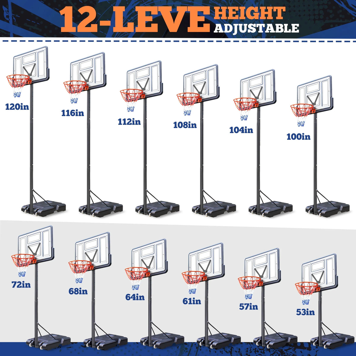44 Basketball Hoop, 4.4-10ft Height Adjustable Portable Basketball Goal System with Shatterproof PVC Backboard and 18 Rim E835