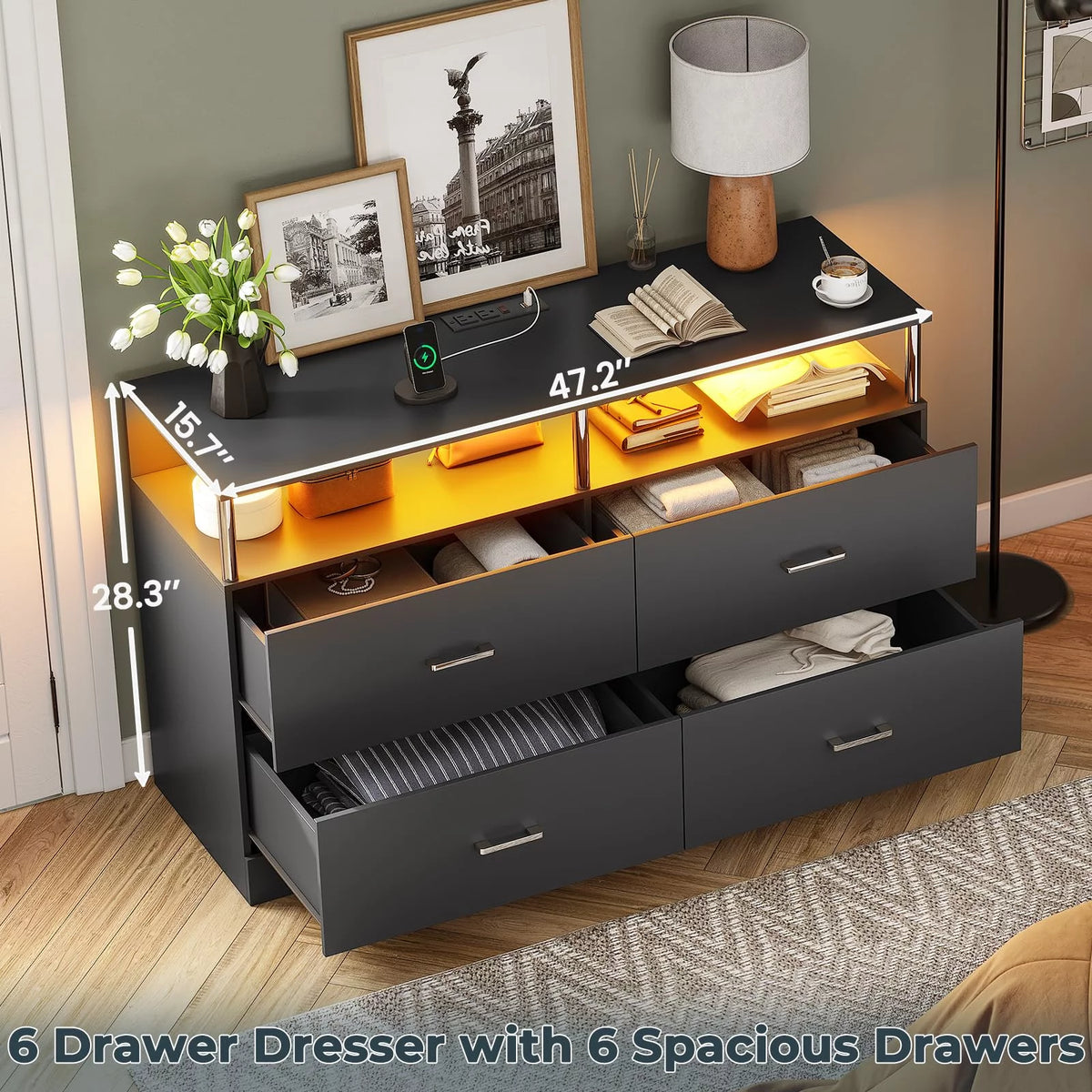 Black 6 Drawer Dresser with Charging Station and LED Light N846