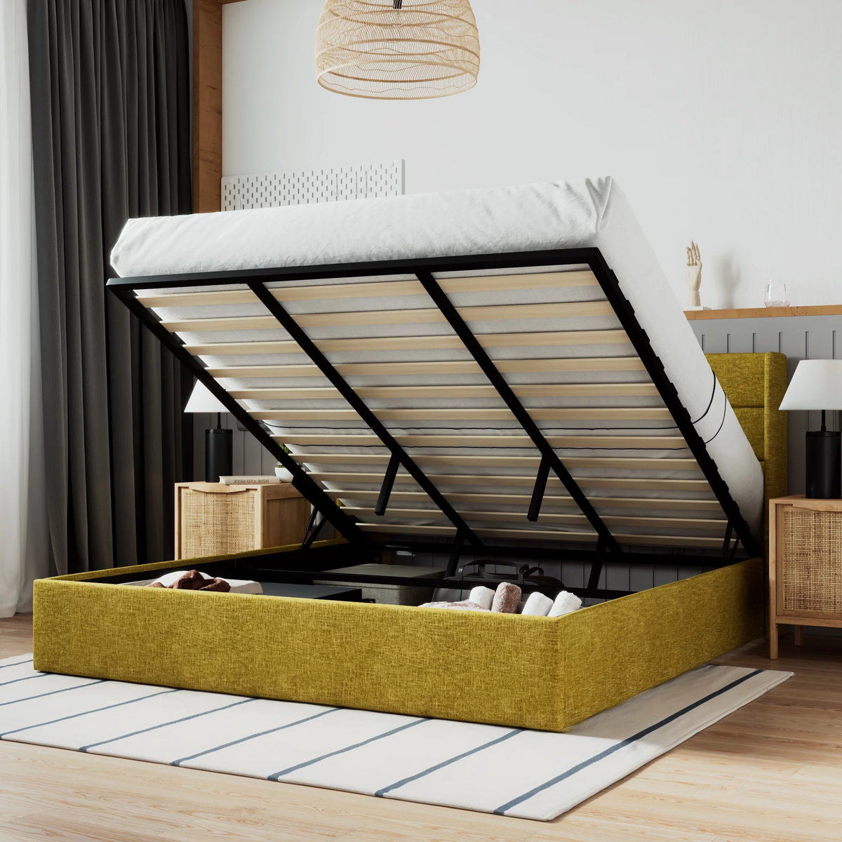 Beige Queen Size Lift Up Platform Bed Frame with Headboard N967