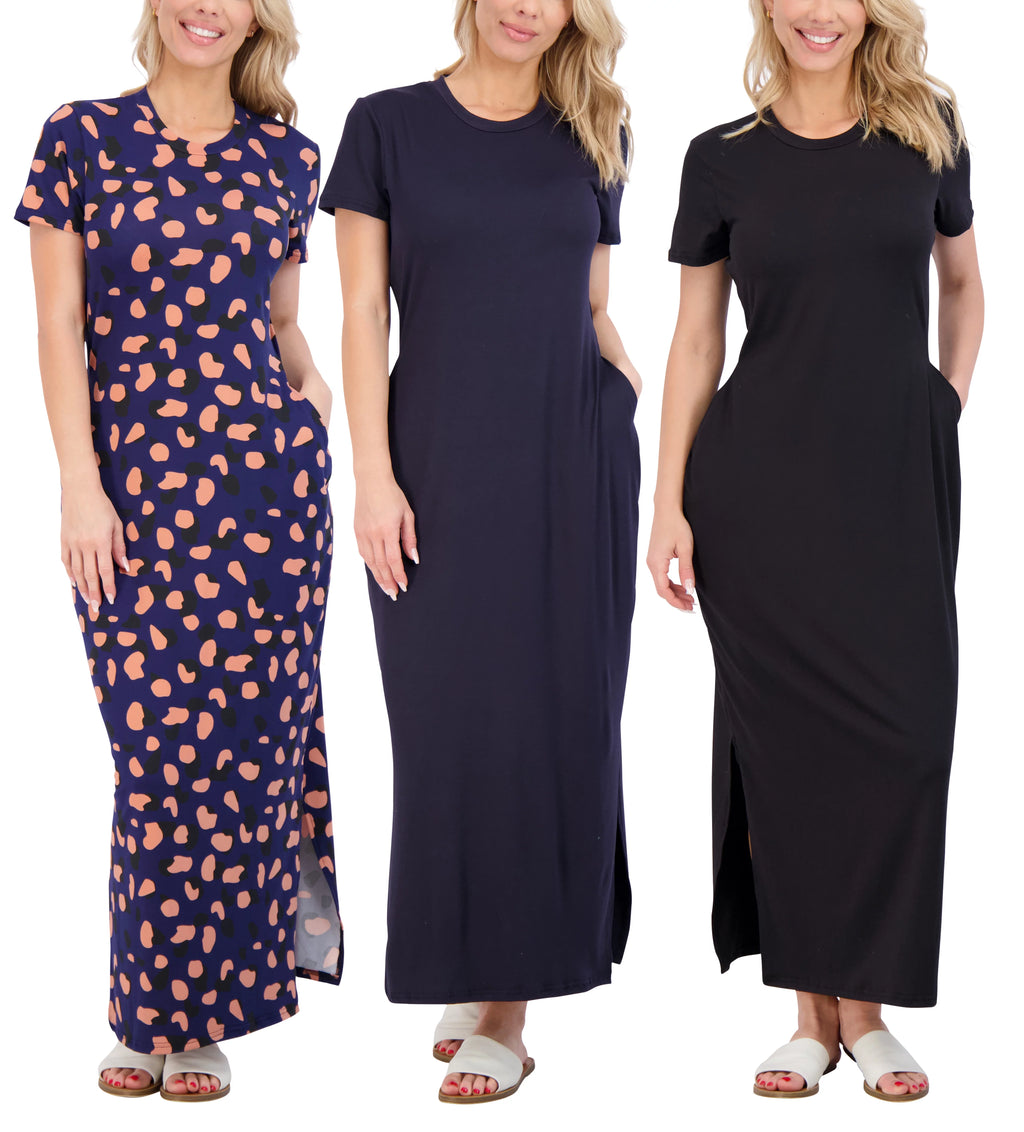 Women’s Casual Short Sleeve Maxi Dress with Slit & Pockets W8969