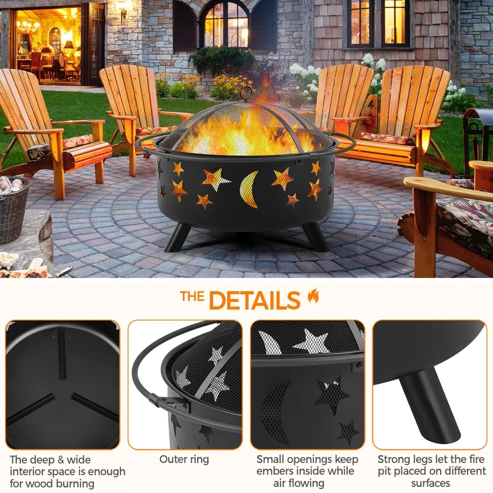 Black Iron Fire Pit with Poker Mesh Cover X9327
