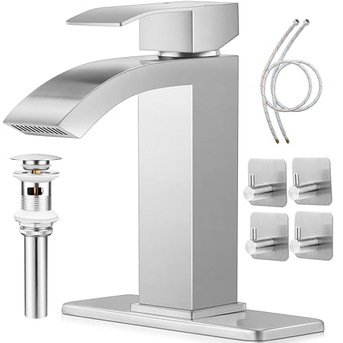 Brushed Nickel Single Handle Waterfall Bathroom Sink Faucet with Pop Up Drain K80843