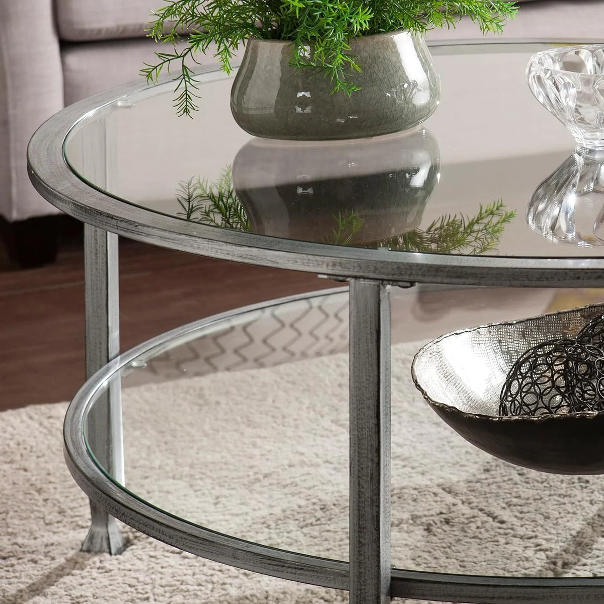 Round 2-Tier Metal Glass Coffee Table B76087