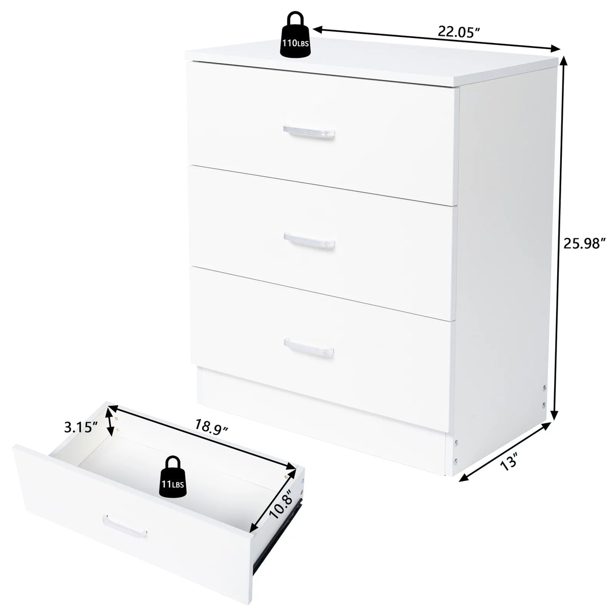 White 3 Drawer Dresser Chest with Storage W909082