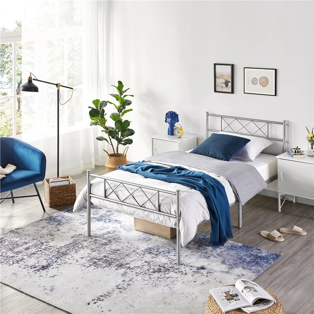 Twin Metal Bed Frame with Crisscross Headboard & Footboard, White Z6024