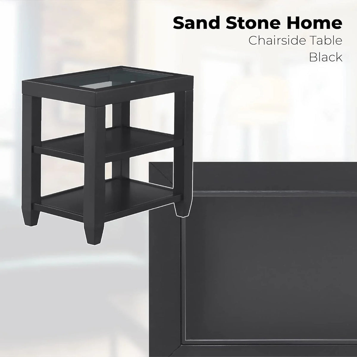 Black Glass Top Solid Wood End Table U235152