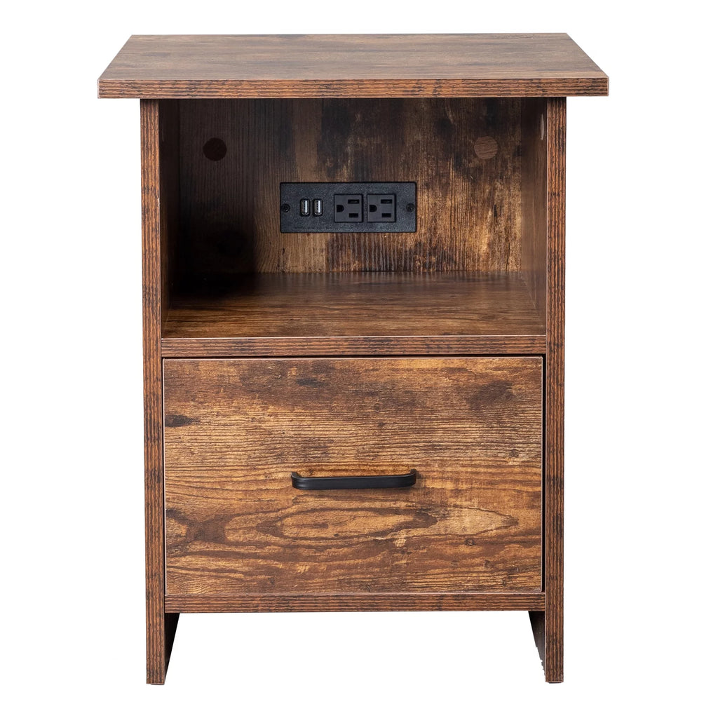 Vintage Nightstand with Charging Station, Industrial Bedside Cabinet D376