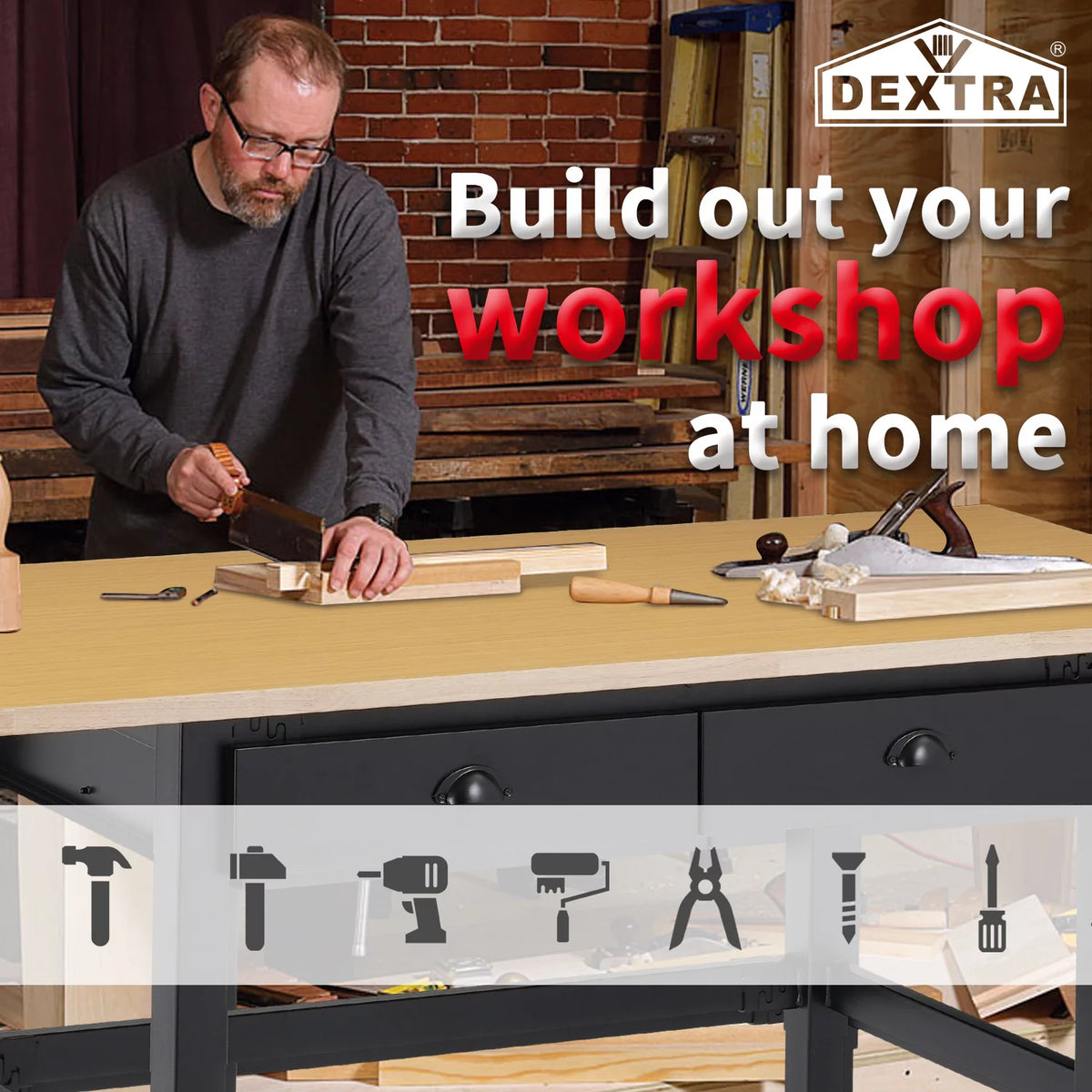 55'' Adjustable Work Bench with Power Outlets and Drawers T341929
