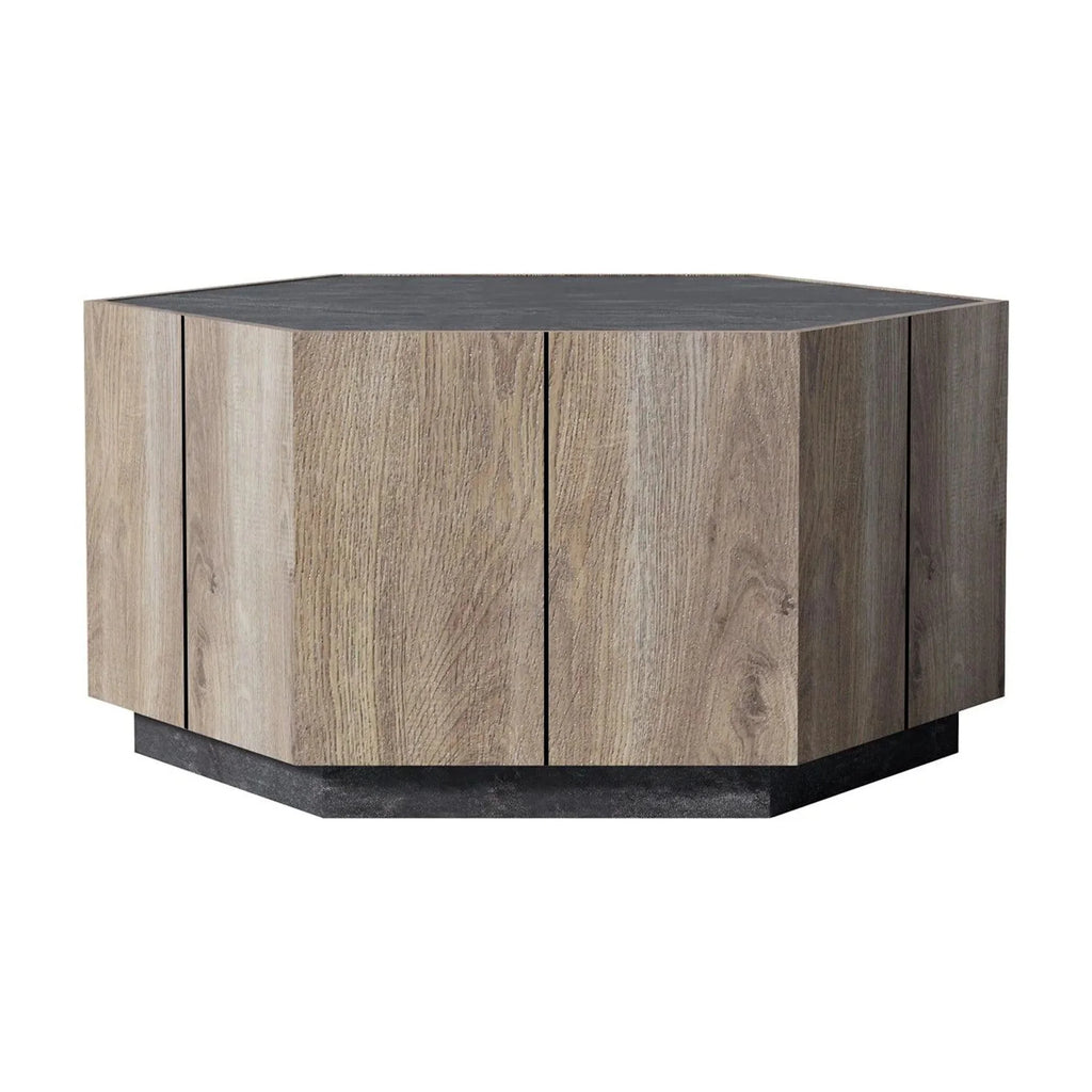 Hexagonal Coffee Table with 2 Drawers, Textured Black Warm Oak G8604