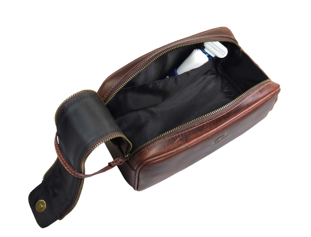 Genuine Leather 10" Toiletry Travel Pouch with Waterproof Lining K10953