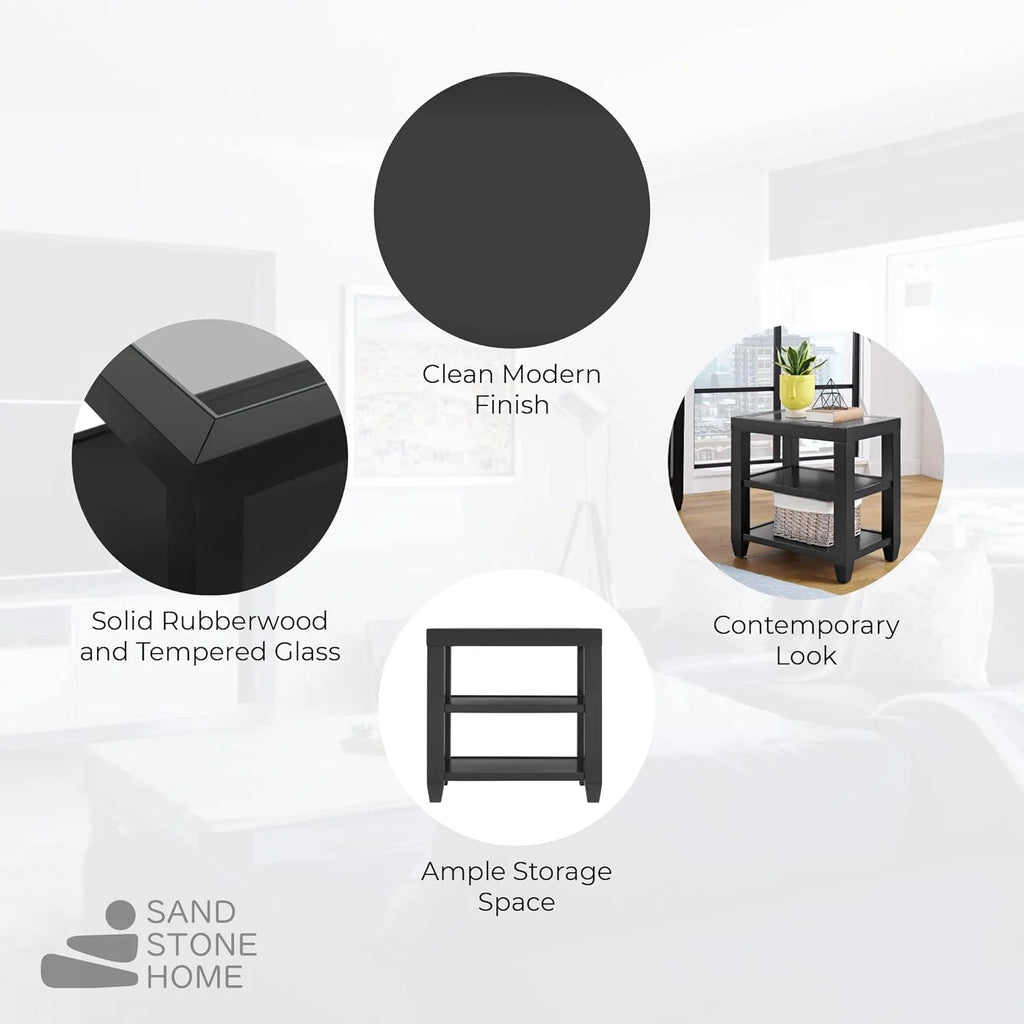 Black Glass Top Solid Wood End Table U235152