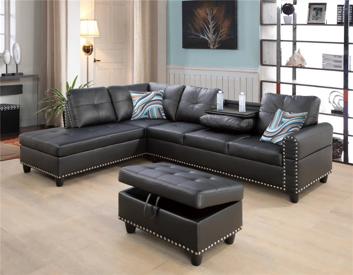 Black Leather Sectional Sofa with Storage Ottoman and Pillows X259