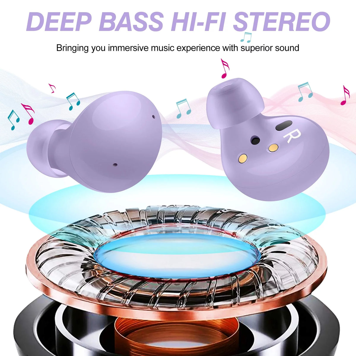 Truly Wireless Bluetooth Headphones with Noise Isolation, Amplified Bass and Dual Dynamic Microphone - Purple M999