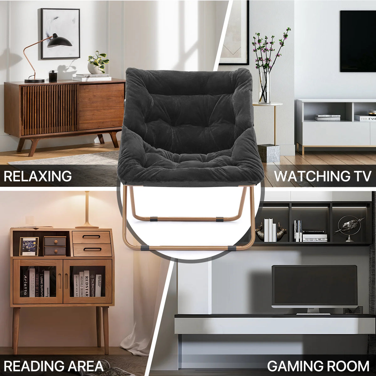 Black Faux Fur Folding Saucer Chair and Ottoman Set of 2 M492