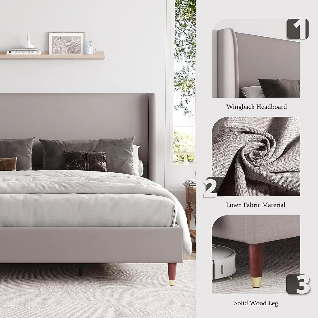 King Size White Linen Upholstered Platform Bed with Wingback Headboard Z402