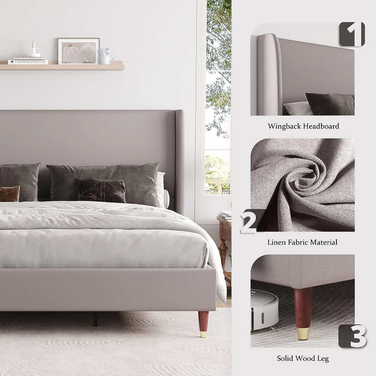 King Size White Linen Upholstered Platform Bed with Wingback Headboard Z402