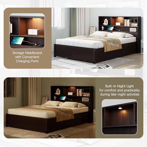 White Wood Twin Bed Frame with Bookcase Headboard and Storage Drawers Q14835