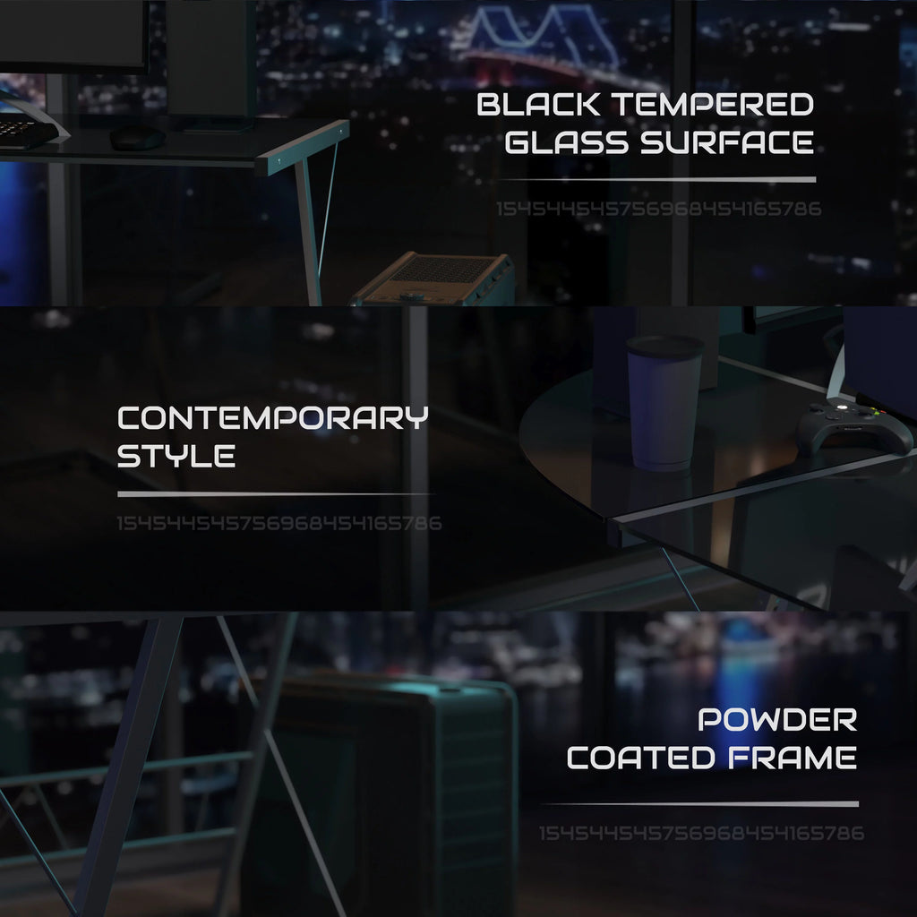 L-Shaped Gaming Desk with Black Tempered Glass Top A56230