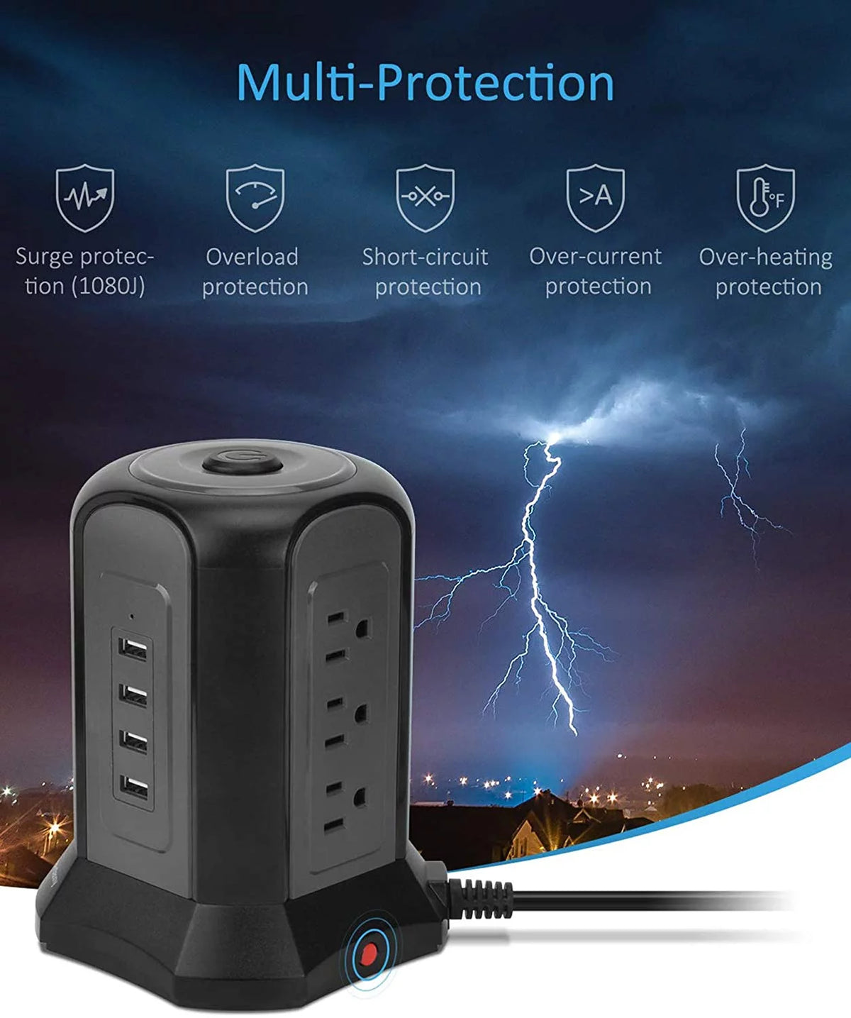 Black Surge Protector Power Strip Tower 9 Outlets 4 USB Port 10 ft Extension Cord T961936