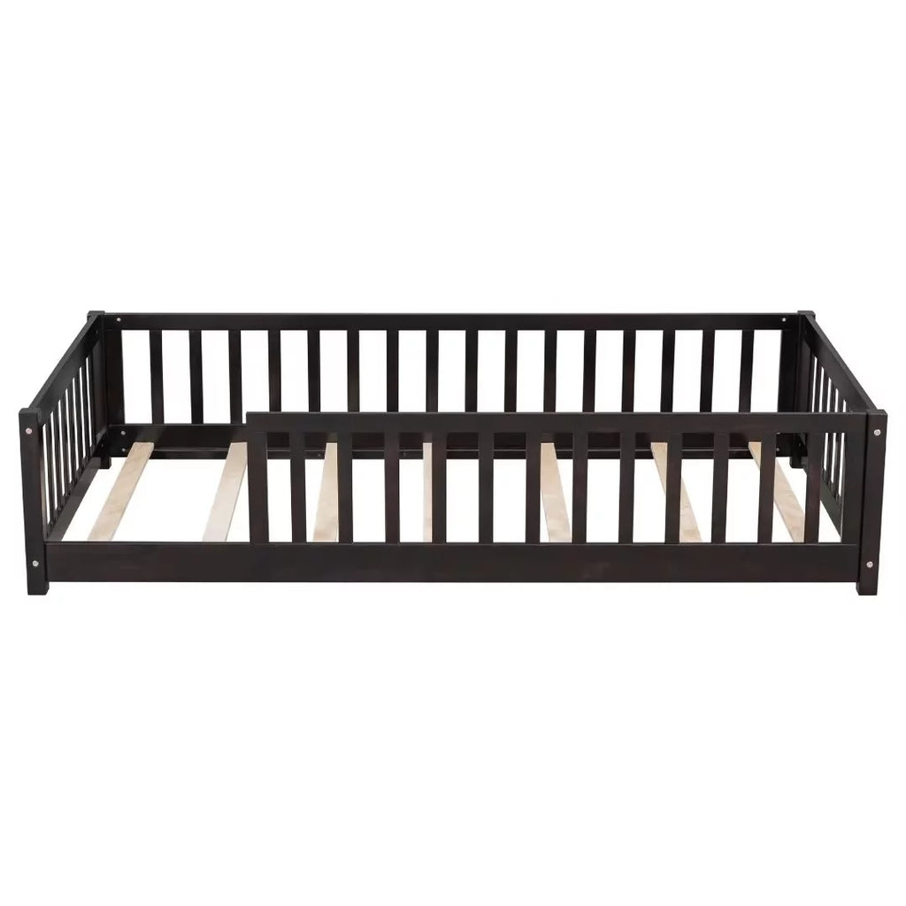 White Full Size Floor Bed with Fence Guardrails and Roof L95619