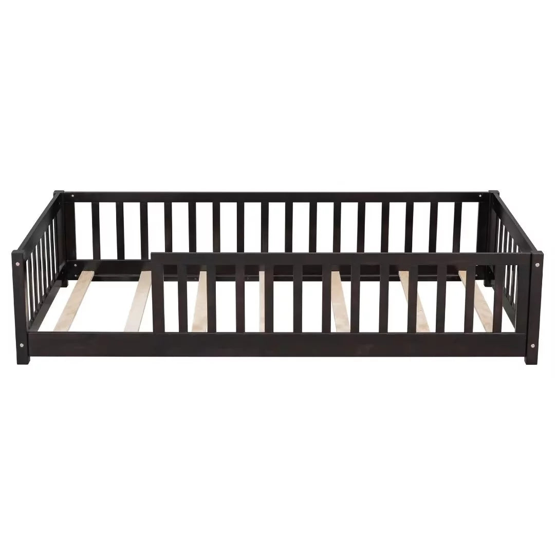 White Full Size Floor Bed with Fence Guardrails and Roof L95619