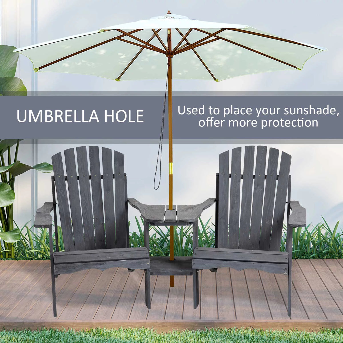 Grey 2 Wood Adirondack Chairs with Center Table V622
