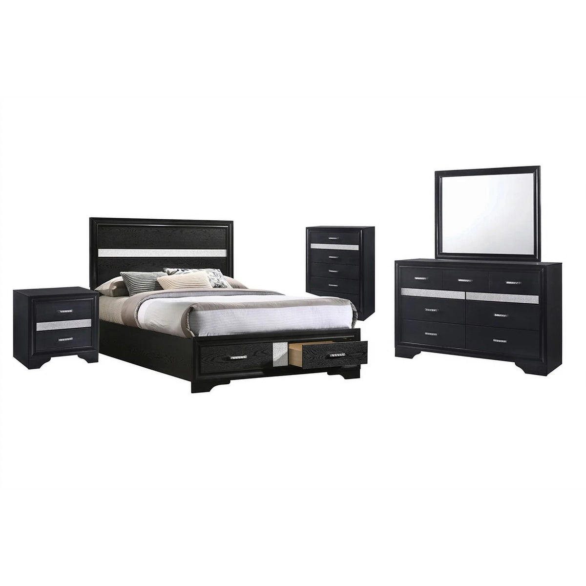 5 Piece Full Platform Storage Wood Bedroom Set Black E69514